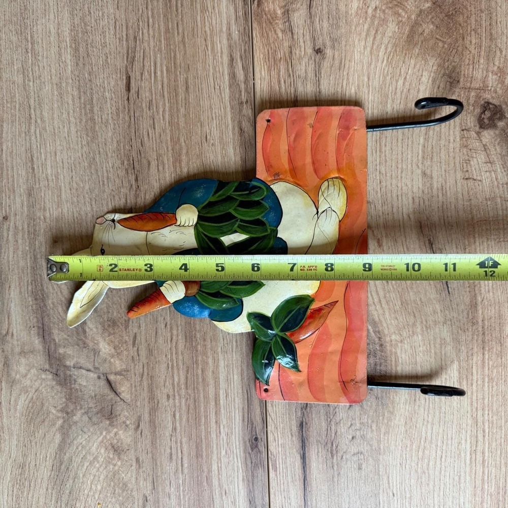 Enamel toleware Metal Rabbit Wall Hook Bunny with Carrots Folk Art Decor 12x8